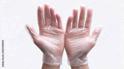 Hands wearing clear disposable gloves against a clean white background