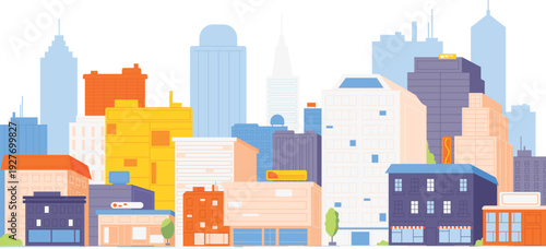 Downtown panorama buildings. Urban architecture. Street facades