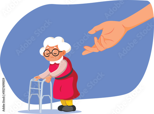 Hand Reached Out to an Elderly Woman for Help Vector Illustration. Assisting Hand Reaching Toward Senior Woman with Walker
   