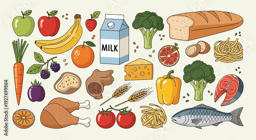 Assorted food items including fruits, vegetables, dairy, meat, and grains.