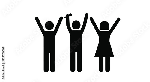 Three stick figures celebrating with arms raised in joyful excitement