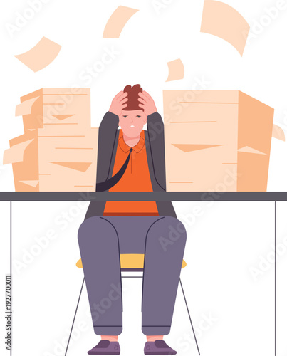 Paper overload. Anxious man look at office work document piles