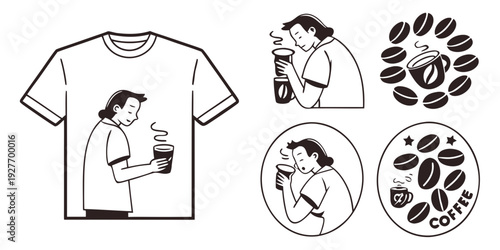 A woman wearing a t-shirt with a design of a bird and leaves, with additional bird and leaf symbols around her Vector