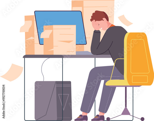 Paperwork piles on office workplace. Stressed job employee