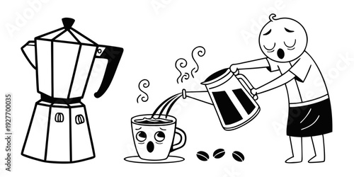 A child is making coffee with the help of an adult using a moka pot. Vector