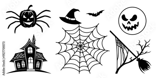 Spooky halloween icons featuring a spider, witch, bat, skull, haunted house, and web Vector