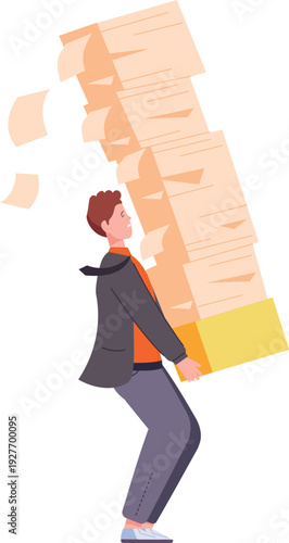 Man carry paperwork stack. Office business document pile