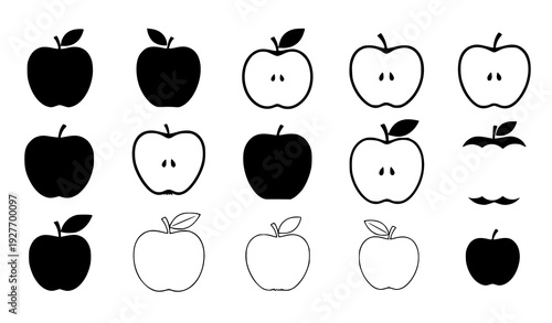Apple icon set flat vector collection with whole sliced and outline fruit symbols isolated on white background