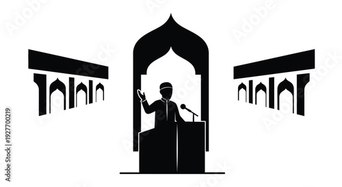 Silhouette of a speaker at a podium within an ornate archway