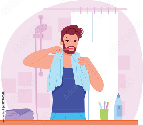 Man brushing teeth. Morning routine color icon