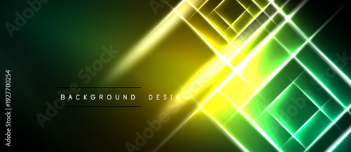 Abstract neon lines create vibrant geometric pattern. Green, yellow hues blend into dark background. Modern design element.