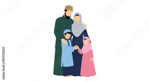 A muslim family of five stands closely together in illustration form