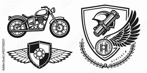 A collection of vintage motorcycle logos featuring shields and wings Vector
