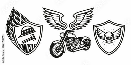 Motorcycle with wings and shields emblem showcasing heritage and power Vector