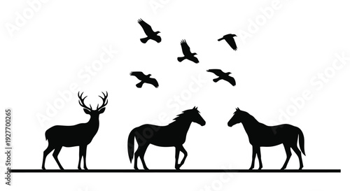 Silhouette of deer and horses beneath a flock of flying birds