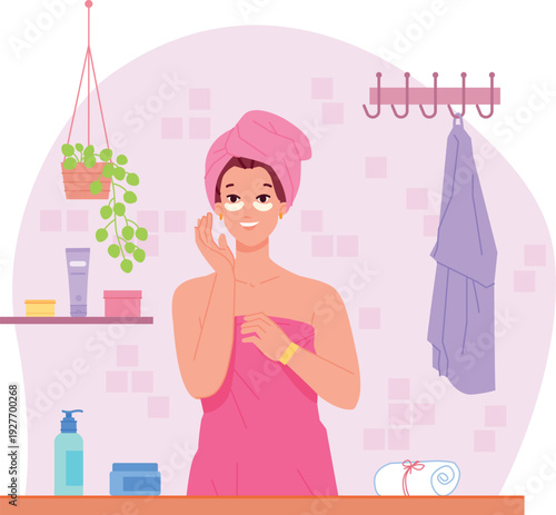 Woman apply eye skin care cream. Beauty routine