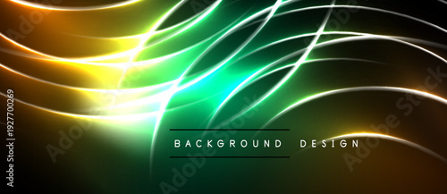 Abstract design features vibrant green, yellow lines over black background. Smooth curves create dynamic visual effect. Modern, elegant presentation.