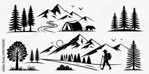 Scenic mountain landscape with various outdoor activities and wildlife Vector
