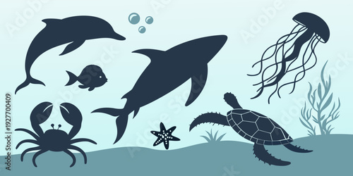 Underwater scene with a variety of sea creatures and a diver Vector