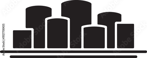 Abstract black silhouette city skyline with rounded buildings and horizontal line on transparent