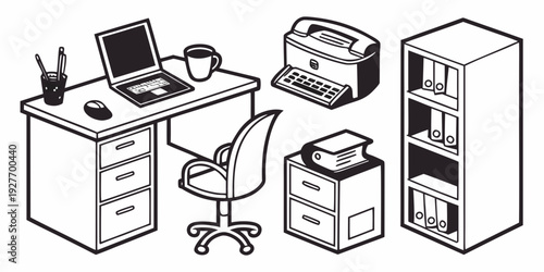 A detailed illustration of a home office with various furniture and equipment. Vector