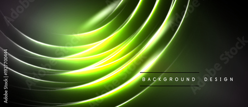 Abstract design features flowing green lines over dark background. Smooth curves create dynamic visual effect. Modern, elegant presentation.