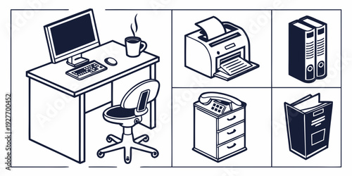 A variety of office equipment and furniture including a desk, chair, computer, printer, and filing cabinet. Vector