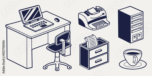 Illustration of various office equipment and furniture arranged in a workspace. Vector