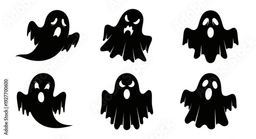 A collection of six distinct black ghost illustrations with varied facial expressions and flowing shapes, set against a white background.