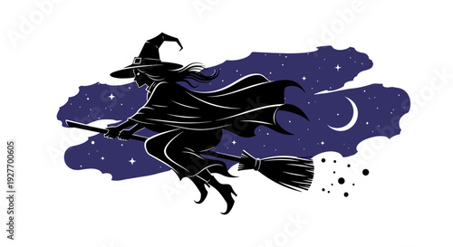 Silhouette of a witch flying on a broomstick against a starry night sky with a crescent moon.