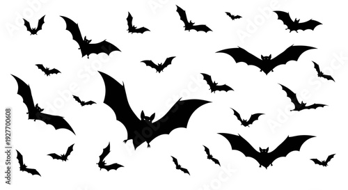 A collection of black bat silhouettes in various sizes and poses against a white background, suggesting a Halloween or spooky theme.