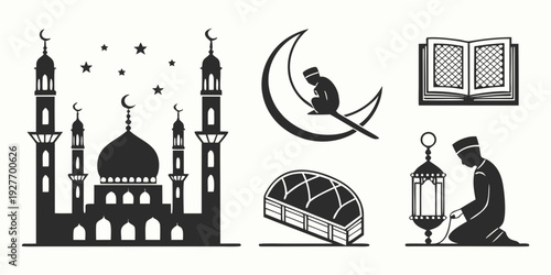 Islamic symbols including a mosque, crescent moon, star, and holy book Vector