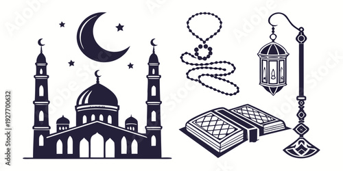 Islamic symbols including mosque, crescent moon, star and prayer beads Vector