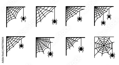 Collection of eight black and white illustrations of corner spiderwebs with hanging spiders.