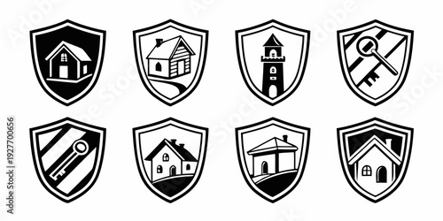 A collection of eight distinct shields with various symbols and designs. Vector