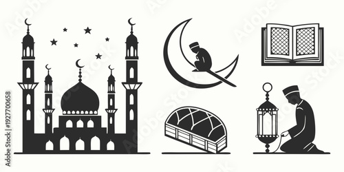 A collection of symbols representing islamic culture and tradition. Vector