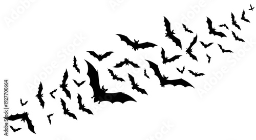 A large flock of black bats flying in a curved formation against a white background.