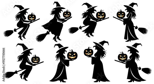 Collection of Silhouetted Witches Holding Jack-o'-Lanterns on Brooms.
