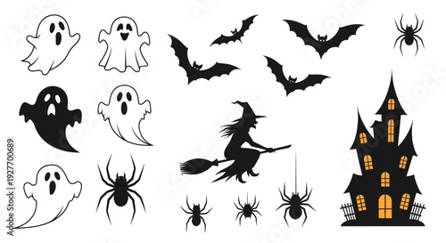 A collection of classic Halloween icons including ghosts, bats, spiders, a witch on a broomstick, and a haunted house.