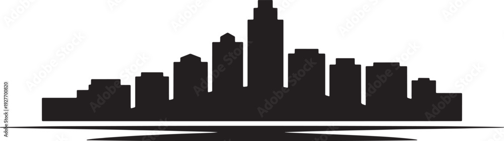 Obraz premium City skyline silhouette with reflection and varying building heights on a transparent background