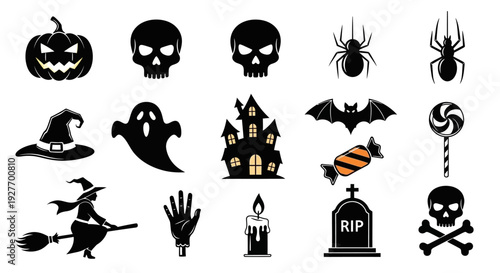 A collection of spooky Halloween-themed icons including a pumpkin, skulls, spiders, ghosts, bats, and a witch on a broomstick.