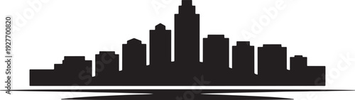City skyline silhouette with reflection and varying building heights on a transparent background