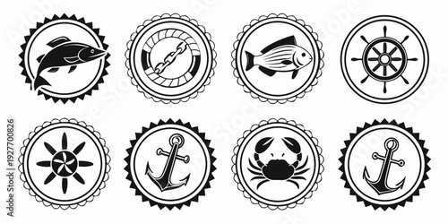 A collection of nine distinct nautical-themed emblems and insignias. Vector