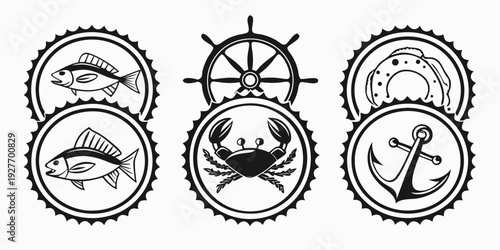 A collection of six distinct nautical symbols arranged in a circular pattern. Vector