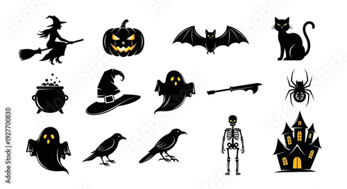 Collection of black silhouette Halloween icons including a witch, pumpkin, bat, cat, cauldron, hat, ghost, skeleton, crow, and haunted house.