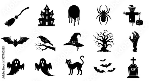 A collection of black silhouette icons representing various Halloween themes and spooky elements.