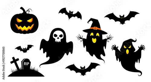 A collection of spooky Halloween-themed illustrations featuring a jack-o'-lantern, ghosts, bats, and a tombstone.