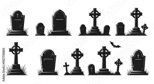 Collection of various gravestones and Celtic crosses, some with small tombstones and grass, set against a white background, with a bat silhouette in the upper right corner.