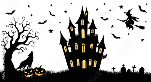 A spooky Halloween scene featuring a haunted castle, a howling wolf, pumpkins, bats, and a witch flying on a broomstick against a starry night sky.