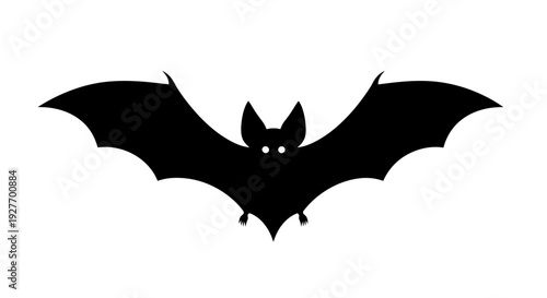 A silhouette of a black bat with its wings spread wide against a white background.